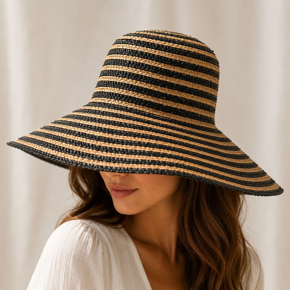 Filippo Catarzi Wide Brim Straw Sun Hat Black Tan Resort Italy
